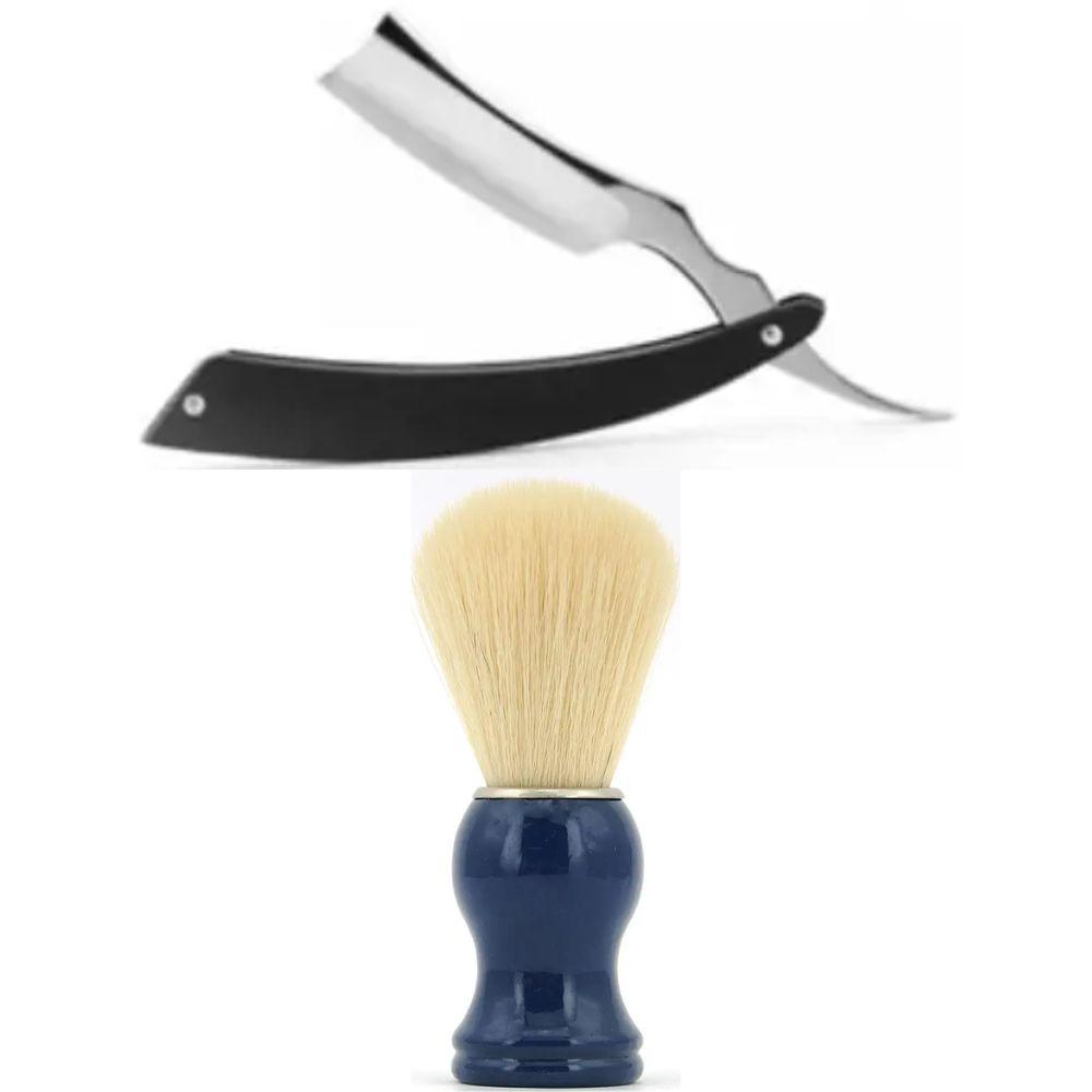 Небезпечна бритва/шавета розкладна Straight Razor + помазок з дерева SHIMA з ворсом борсука синій, фото 1