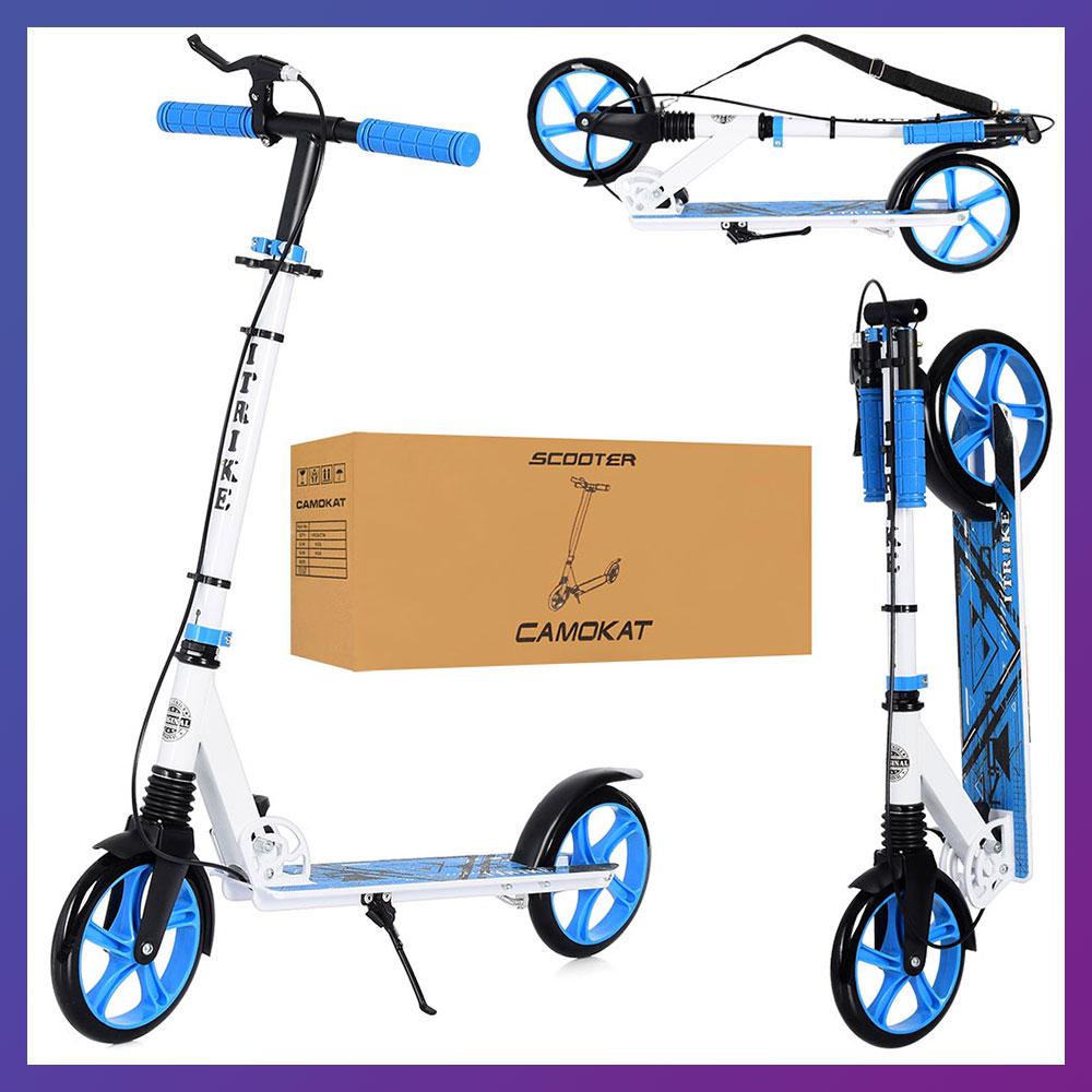 Самокат міський двоколісний для дітей від 8 років з ножним гальмом ITRIKE SR 2-010-1-WBL з принтом, фото 1