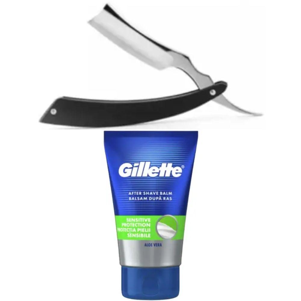 Небезпечна бритва/шавета розкладна Straight Razor + бальзам після гоління Gillette Sensitive Protection, фото 1