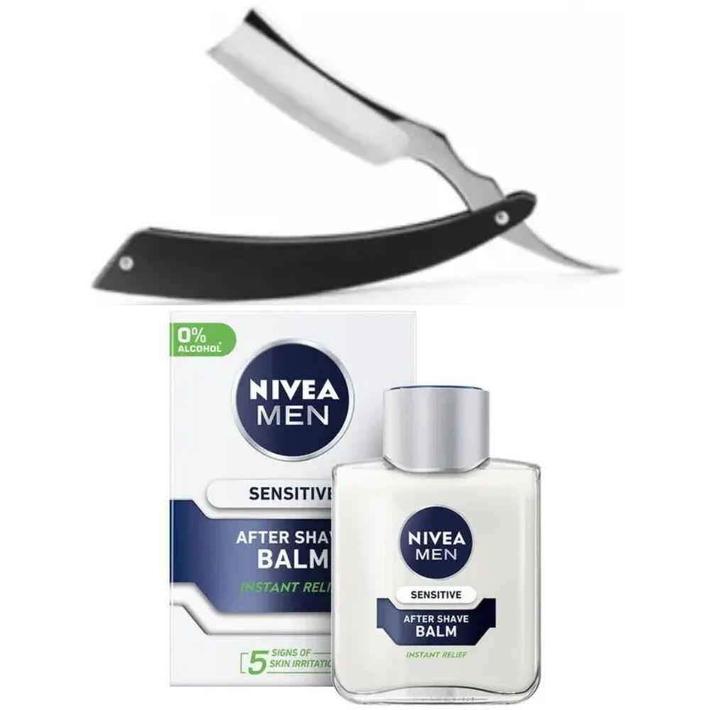 Небезпечна бритва/шавета розкладна Straight Razor + бальзам після гоління Nivea Men Sensitivе 100 мл, фото 1