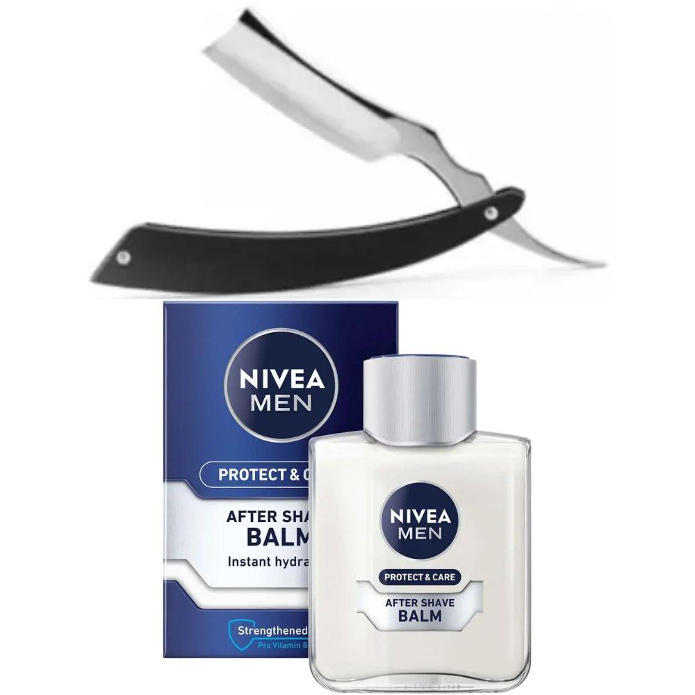 Небезпечна бритва/шавета розкладна Straight Razor + бальзам після гоління Nivea Men Protect & Care 100 мл, фото 1