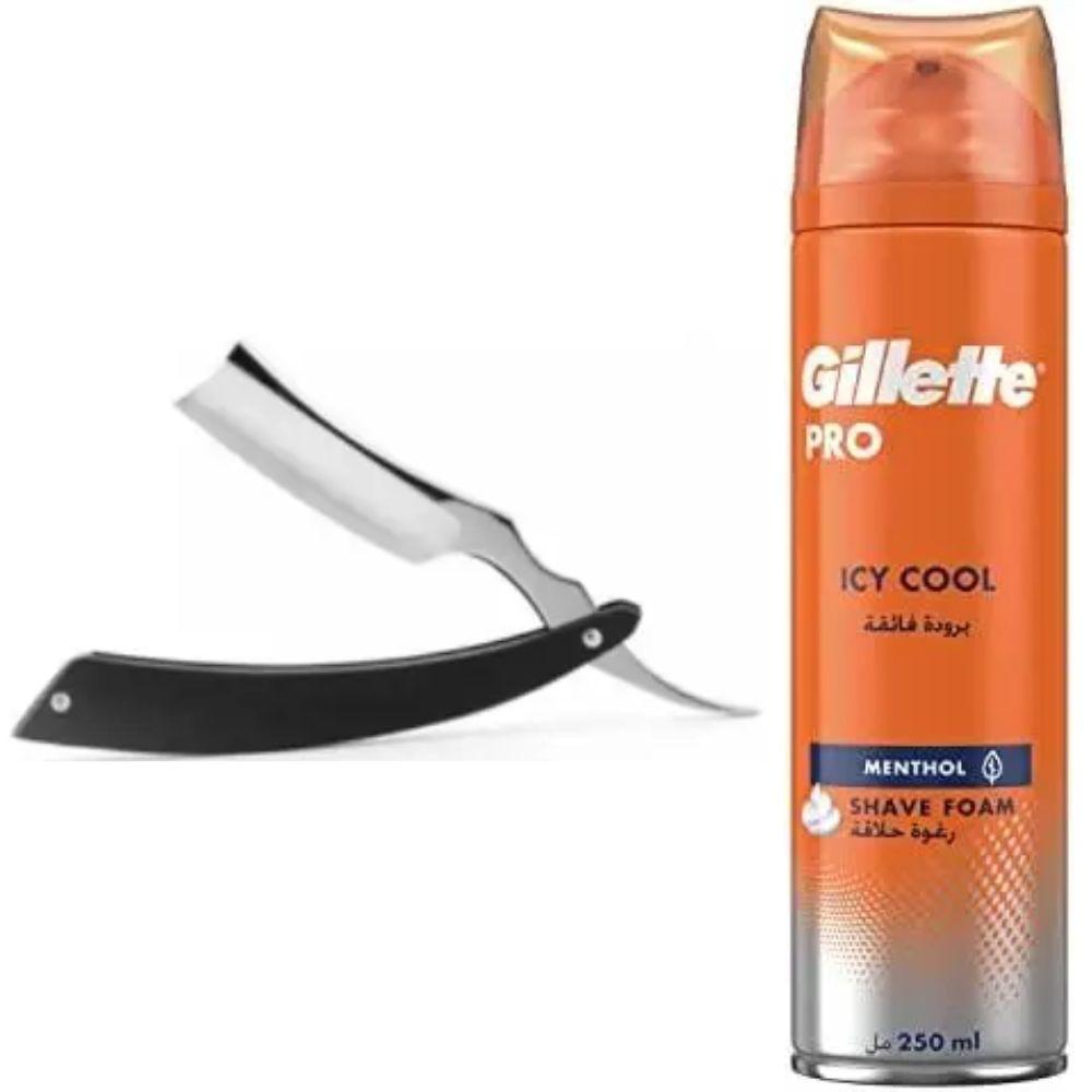 Небезпечна бритва/шавета розкладна Straight Razor + піна для гоління Gillette Pro Icy Cool з ментолом, фото 1