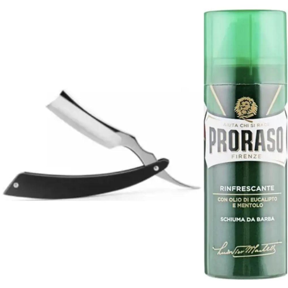 Небезпечна бритва/шавета розкладна Straight Razor + піна для гоління Proraso тонізуюча з евкаліптом і ментолом 100 мл, фото 1