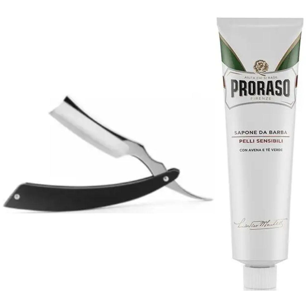 Небезпечна бритва/шавета розкладна Straight Razor + крем для гоління Proraso для чутливої шкіри з екстрактом зеленого чаю, фото 1
