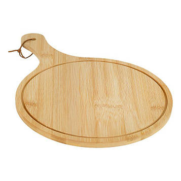 Дерев'яна сервірувальна дошка для подачі страв і закусок 26 см кругла форма з ручкою і бортиком