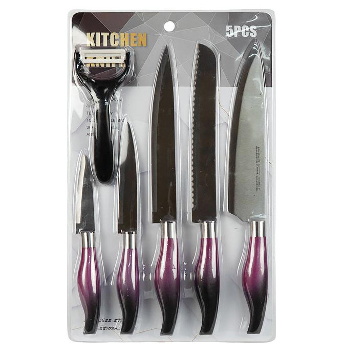Набір ножів кухонних 5 штук + овочечистка, довжина ножів 32/32/32/24/20 см, матеріал нержавіюча сталь, фіолетові, фото 1