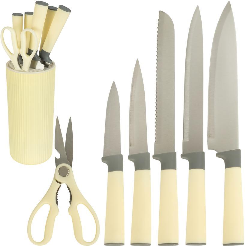 Набір кухонних ножів з підставкою 5 штук + ножиці, довжина ножів 34/34/33/23/21 см, матеріал нержавіюча сталь, фото 1