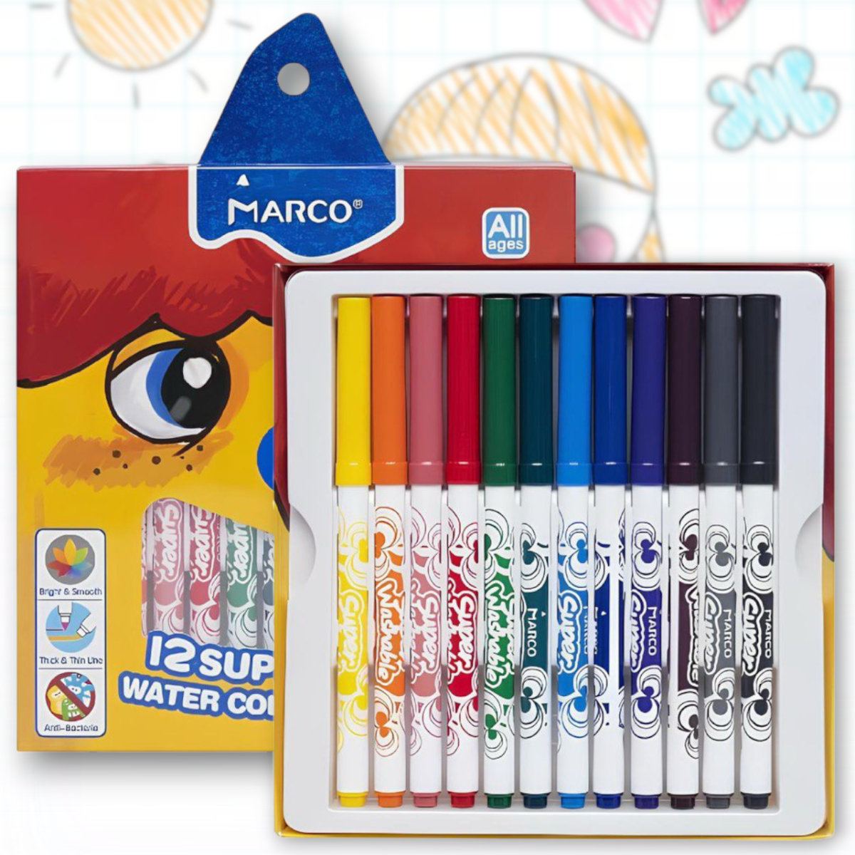Набір фломастерів на водній основі з 12 кольорів в коробці 1630/12CB MARCO Упаковка 12 шт., фото 1