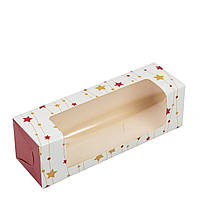 Коробка 200х60х60 для макаронс з боковим вікном "Новорічні зірочки"