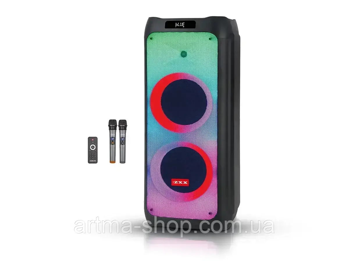 Портативна акустична колонка ZXX-5590, 2×10" динаміка, TWS/FM/USB/TF/BT/LED, 2 мікрофони, пульт ДК, Потужність 100Вт, чорна
