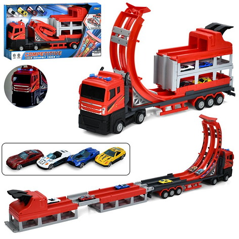 Іграшка Фура-трек інерція 2в1 4 металевих машинки з довжиною траси 60 см Червоний, фото 1