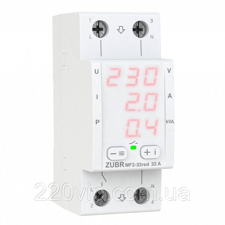 Багатофункціональне реле ZUBR MF2-32 red на 4 клемі реле контролю та захисту від перенапруги ЗУБР, відсікач, бар'єр, фото 1