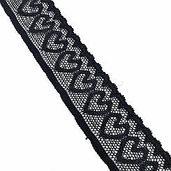 Мереживо вузьке еластичне чорне з візерунком сердечки 3 см.