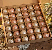 Ялинковий набір 36шт кульок коробка іграшок куль 8 см пластик на ялинку рожеві бежеві пластикові новорічні кульки іграшки прикраси