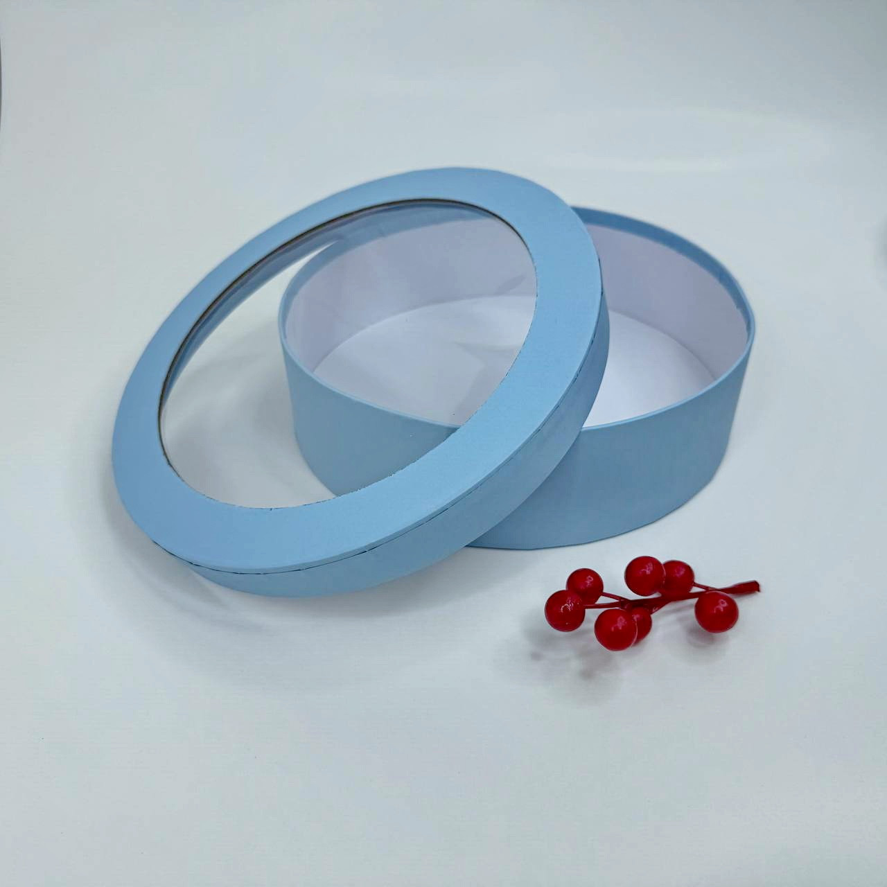 Кругла коробка для зефіру, Ø22*6 см, з вікном, блакитна, фото 1