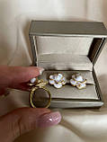 Комплект Шанель - сережки та каблучка з квіточками позолота 18К, фото 6