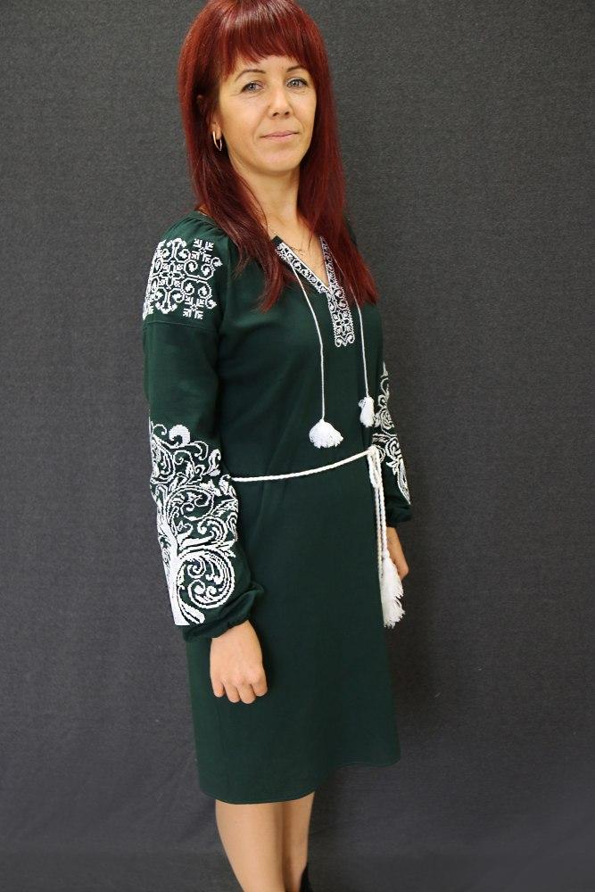 Вишите плаття "Ольга" (зелений льон) з білою вишивкою, фото 1