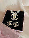 Комлект Шанель - сережки та підвіска-чокер із перлами в позолоті 18К, фото 2