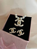 Комлект Шанель - сережки та підвіска-чокер із перлами в позолоті 18К, фото 3