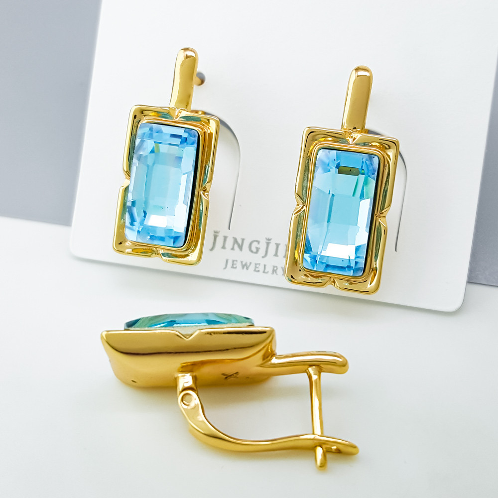 Сережки Багет з блакитним цирконієм Swarovski, англ.замок; медичне золото Xuping 18К, фото 1