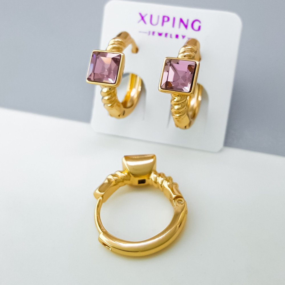 Сережки Квадрат з фіолетовим цирконієм Swarovski; медичне золото Xuping 18К, фото 1
