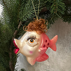 Ялинкова ретро прикраса зі скла Рибка зі стразами 11см, колір - рожевий Новоричний декор