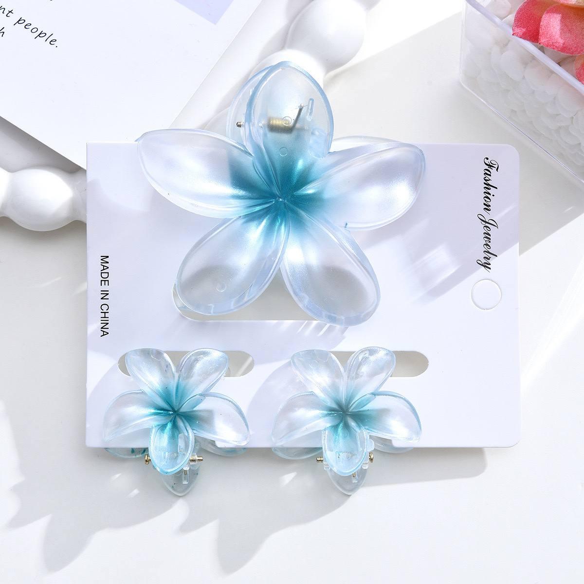 Набір трендових заколок-зажимів "Плюмерія" Прозора з бірюзовим, 3 шт, фото 1