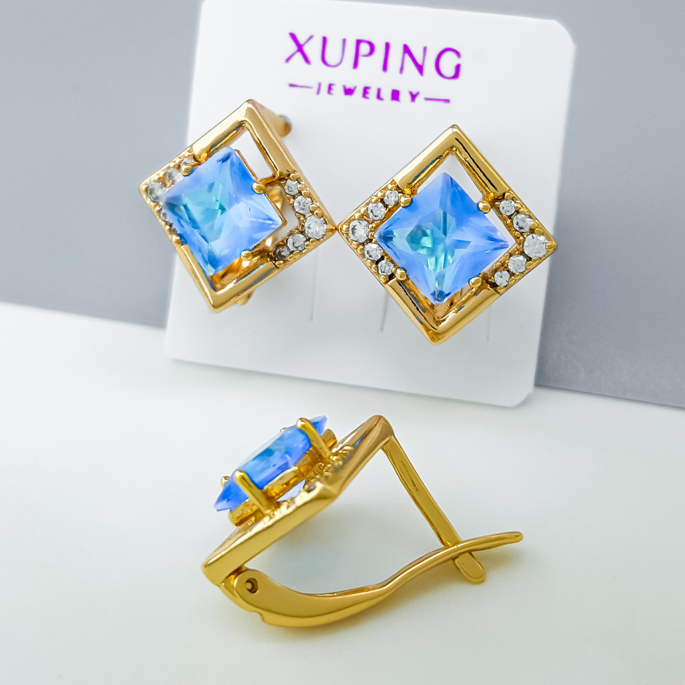 Сережки Ромб з блакитним цирконієм, англ.замок, медзолото Xuping позолота 18K, фото 1