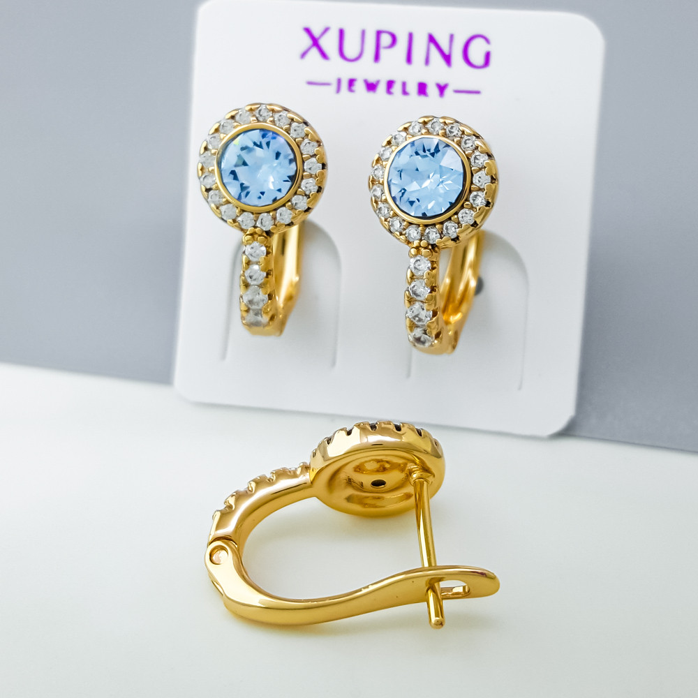 Сережки Сяйво з блакитним цирконієм Swarovski, англ.замок; медичне золото Xuping 18К, фото 1