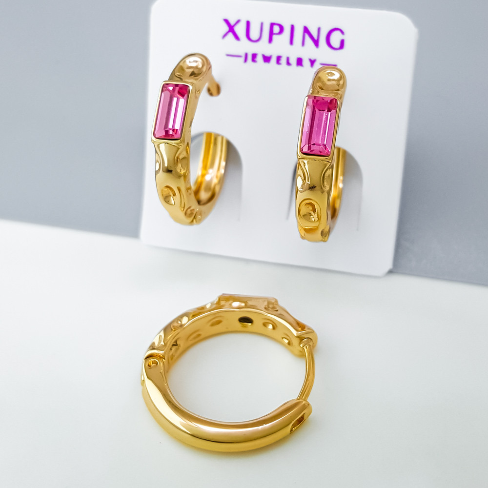 Сережки Багет з рожевим цирконієм Swarovski; медичне золото Xuping 18К, фото 1
