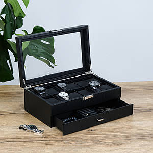 Шкатулка органайзер для годинників, двошарова 8 слотів, екошкіра чорна 34*21*13.5 см Гранд Презент JZ-029