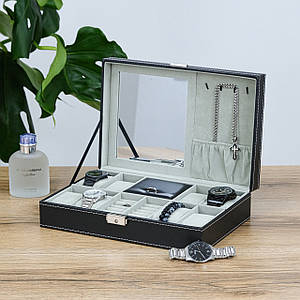 Шкатулка органайзер з дзеркалом для годинників, 8 слотів, екошкіра чорна 30*20*8 см Гранд Презент JZ-025