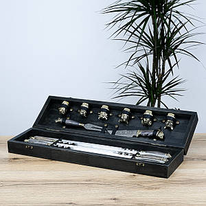 Набір шампурів 6 штук «Мисливський» та 6 чарок, ножем і виделкою у кейсі Гранд Презент GPNSH70105