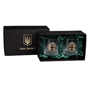 Подарунковий набір для віскі "Розвідка" – 2 кришталеві келихи 360 мл зі срібною емблемою і позолотою Гранд Презент GPB2GUR2XGD