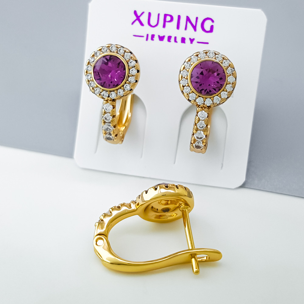 Сережки Сяйво з фіолетовим цирконієм, англ.замок; медичне золото Xuping 18К, фото 1
