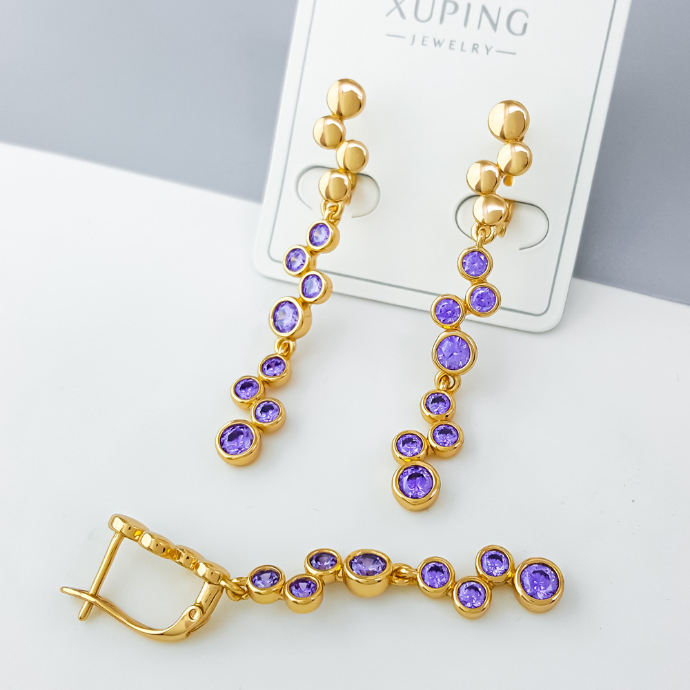 Сережки Водоспад з фіолетовим цирконієм, англ.замок; медичне золото Xuping 18К, фото 1