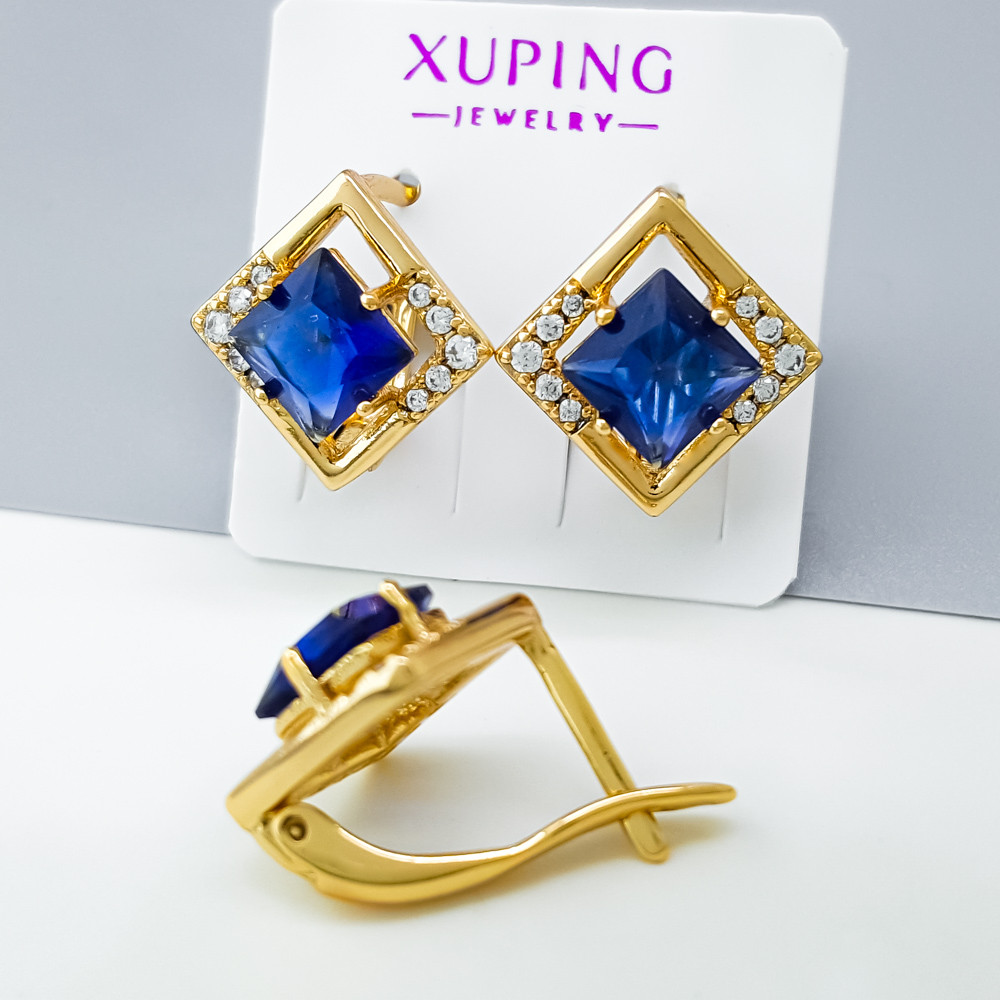 Сережки Ромб з синім цирконієм, англ.замок, медзолото Xuping позолота 18K, фото 1