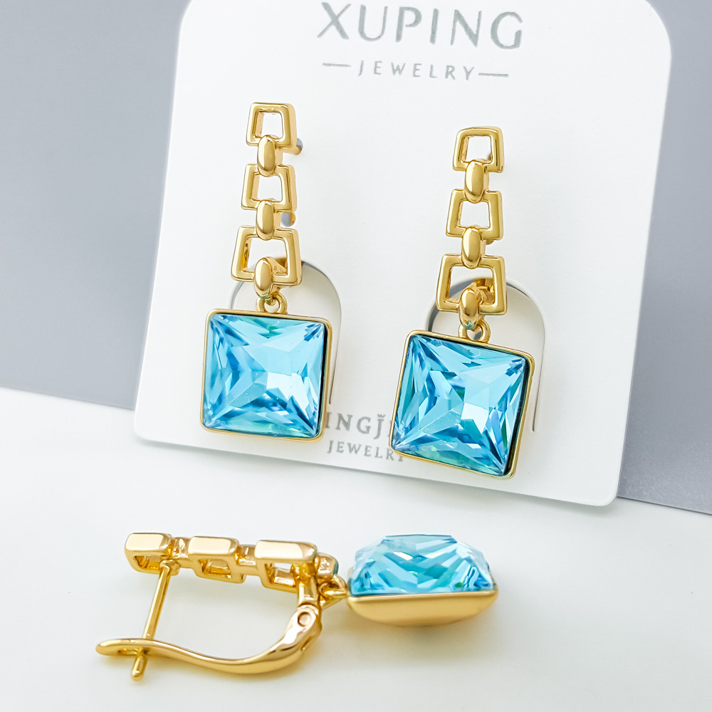 Сережки Квадратний Якір з бірюзовим Swarovski, англ.замок, медзолото Xuping позолота 18K, фото 1