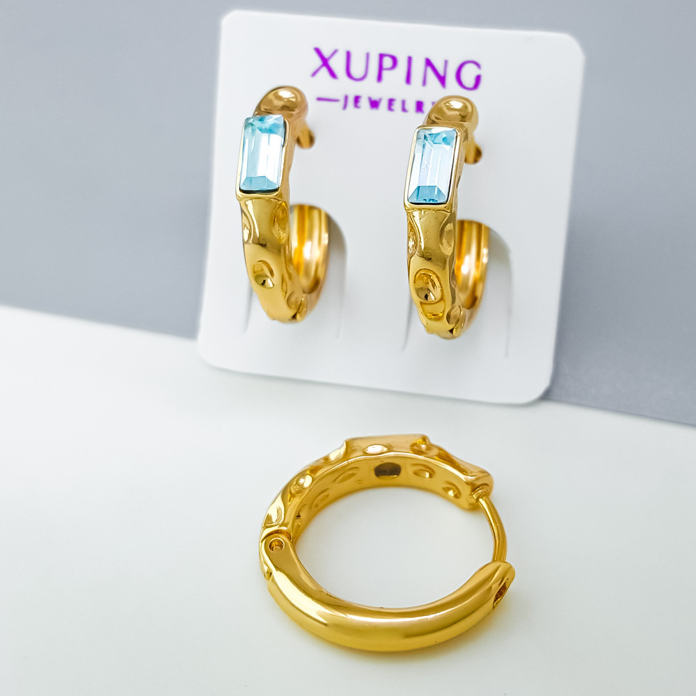 Сережки Багет з блакитним цирконієм Swarovski; медичне золото Xuping 18К, фото 1