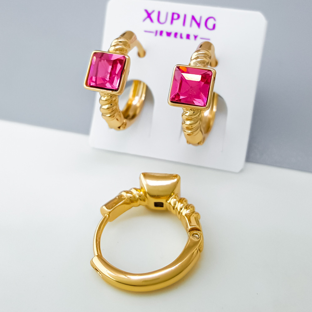 Сережки Квадрат з малиновим цирконієм Swarovski; медичне золото Xuping 18К, фото 1