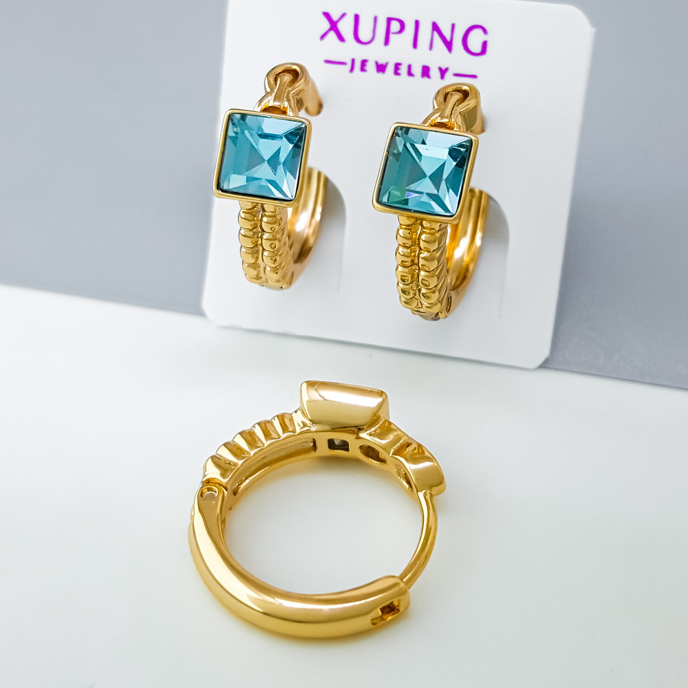 Сережки Квадрат з бірюзовим цирконієм Swarovski; медичне золото Xuping 18К, фото 1