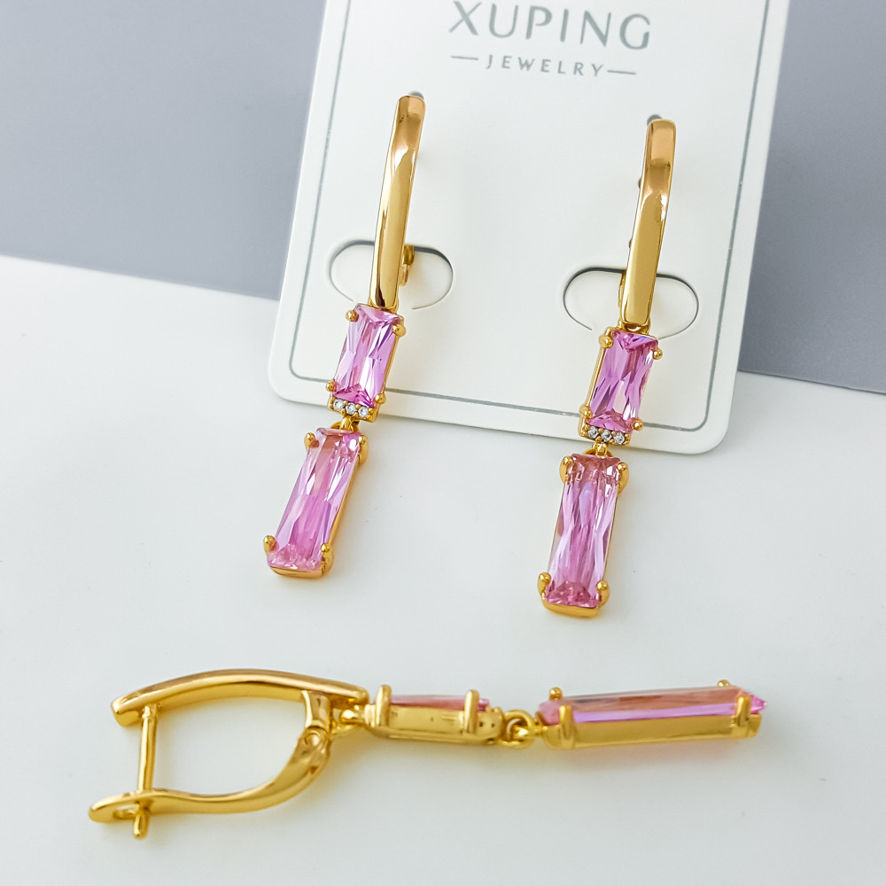 Сережки Багет з рожевим цирконієм, англ.замок; медичне золото Xuping 18К, фото 1