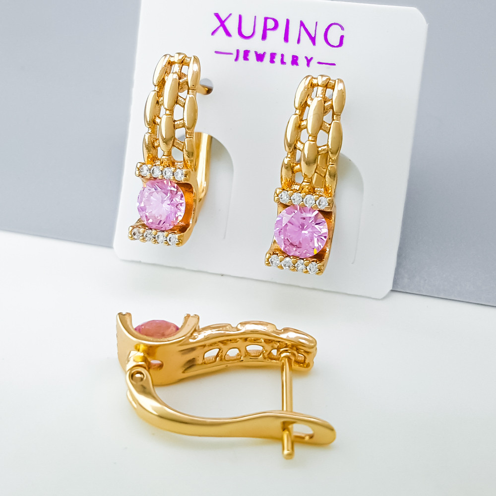 Сережки Ажурні з рожевим цирконієм, англ.замок, медзолото Xuping позолота 18K, фото 1