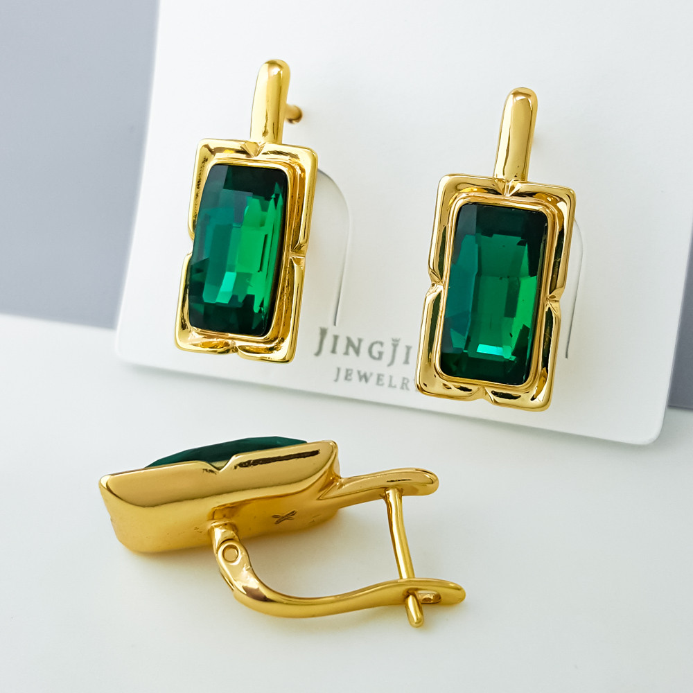 Сережки Багет з зеленим цирконієм Swarovski, англ.замок; медичне золото Xuping 18К, фото 1