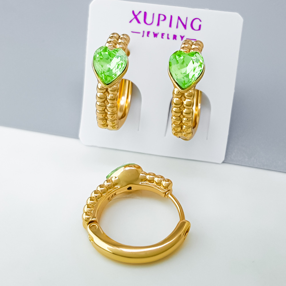 Сережки Серце з салатовим цирконієм Swarovski; медичне золото Xuping 18К, фото 1