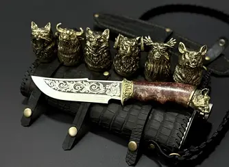 Фляга з натуральної шкіри з чарками 6 шт + ніж | Подарунок директору, керівнику