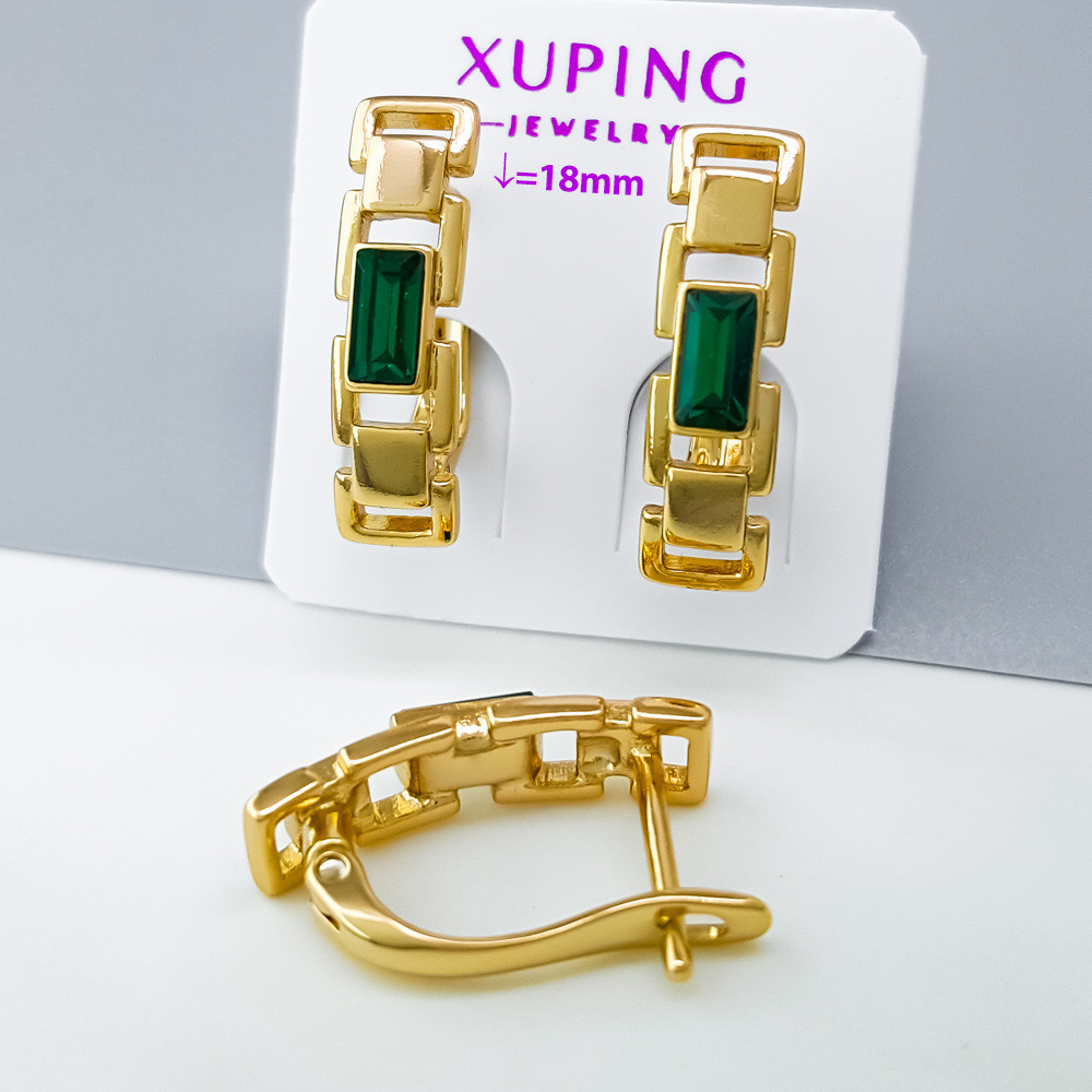 Сережки Багет з зеленим цирконієм, англ.замок; медичне золото Xuping 18К, фото 1