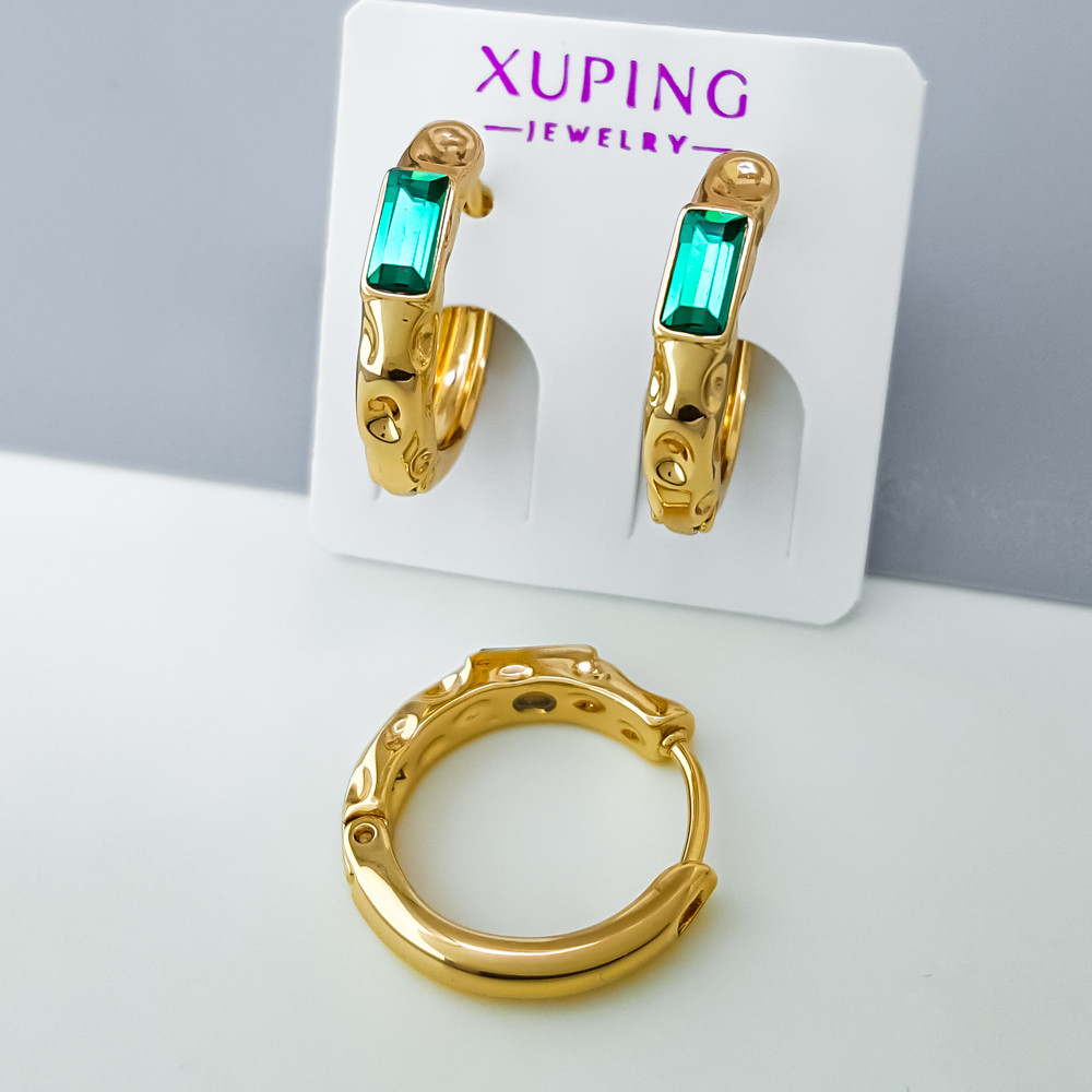 Сережки Багет з зеленим цирконієм Swarowski; медичне золото Xuping 18К, фото 1
