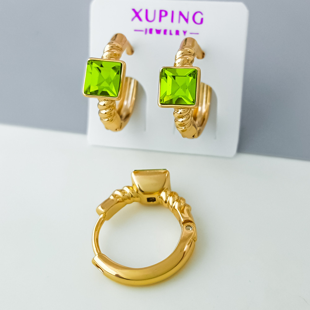 Сережки Квадрат з салатовим цирконієм; медичне золото Xuping 18К, фото 1