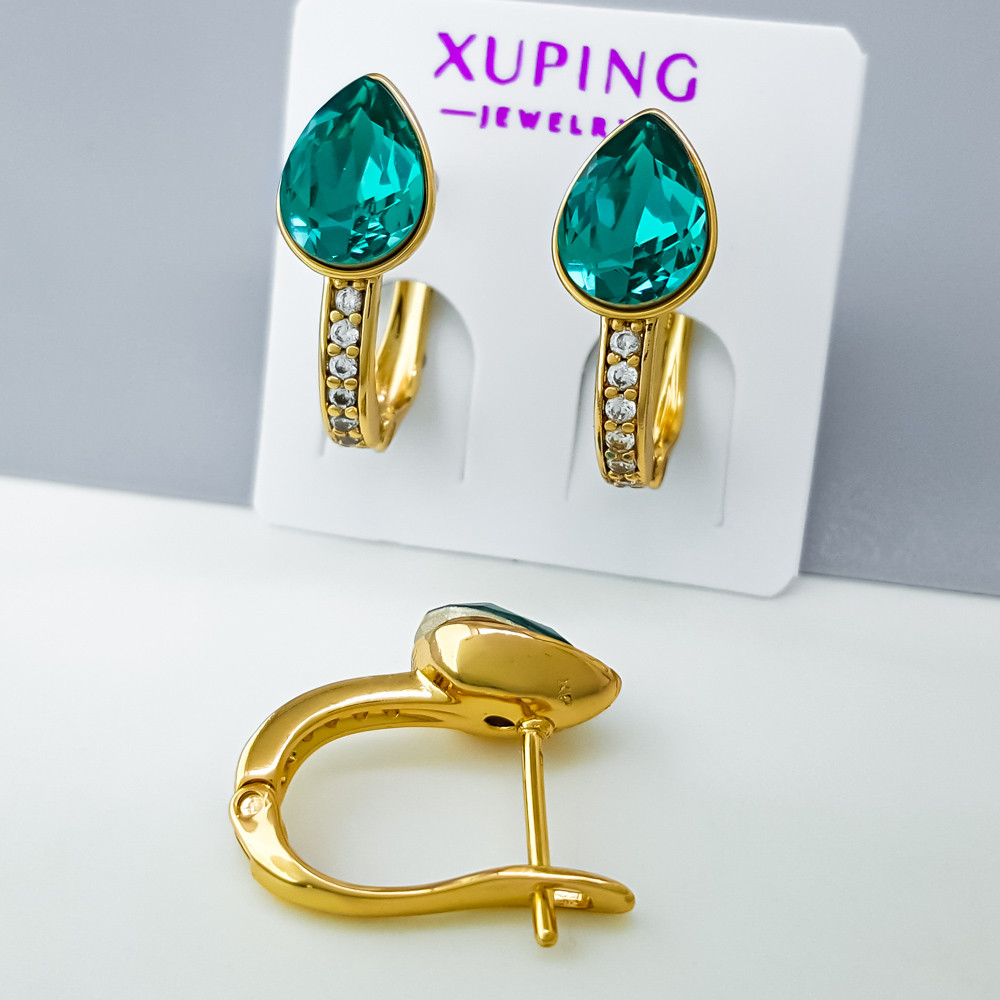 Сережки Груша з смарагдовим цирконієм Swarovski, англ.замок; медичне золото Xuping 18К, фото 1